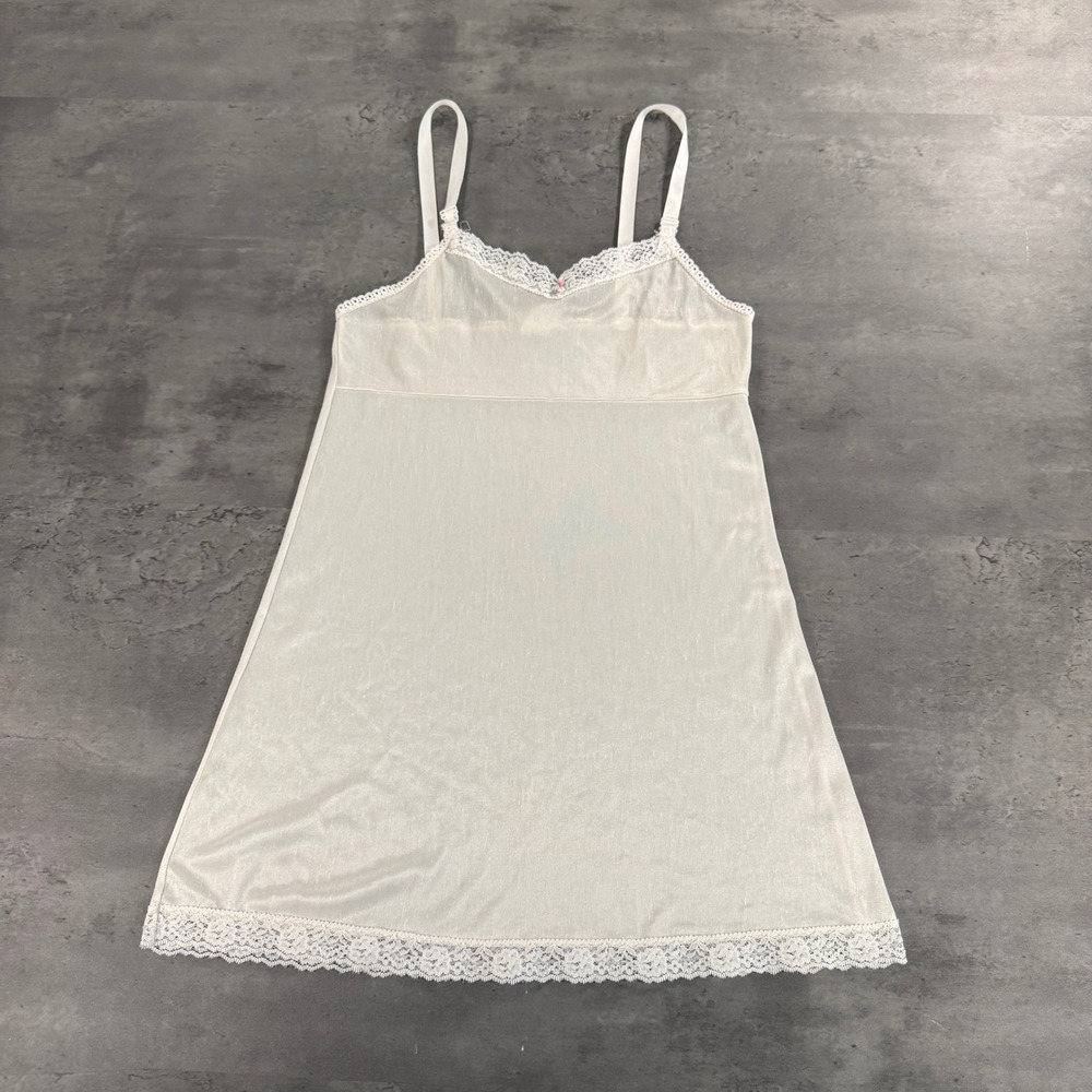 Vintage‎ Union Made Slip Women White Lace Trim Pink Rosette Floral Lingerie USA